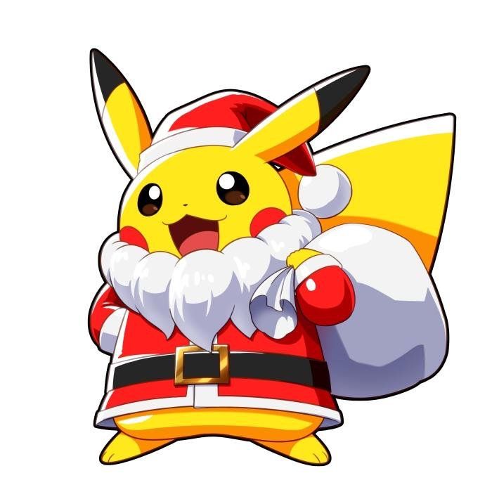 a cartoon pikachu dressed as santa clause pointing to the side with his right hand