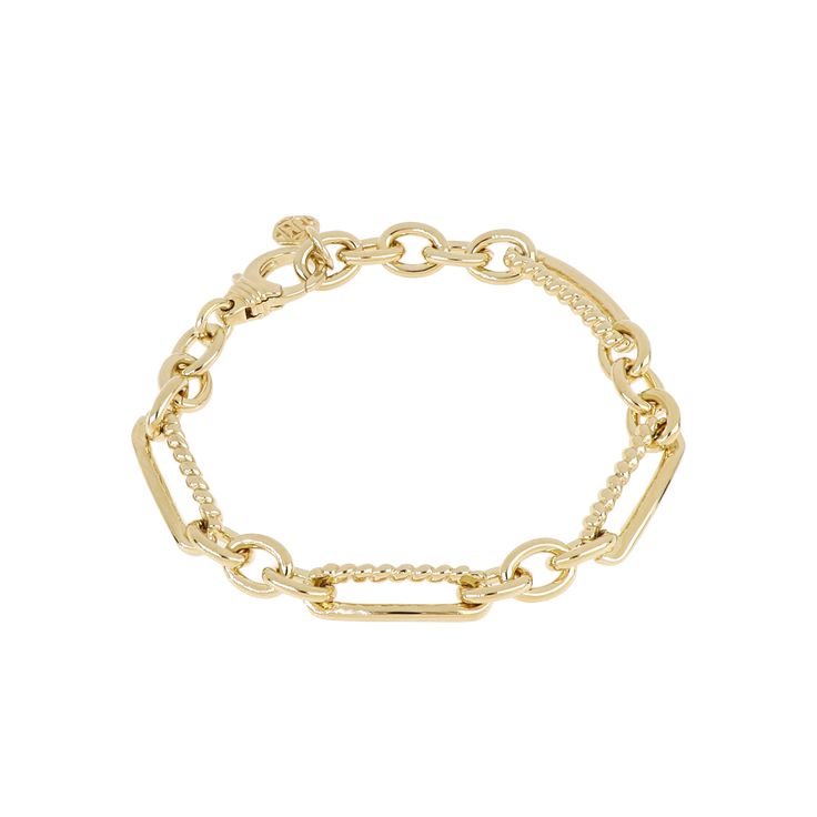 Newly added, another gorgeous option for a chunky chain link bracelet. Our signature partially twisted chain link is paired with a classic circular shaped link. Our signature JM link is slightly curved to sit comfortably on the wrist. This bracelet measures 8" in length and has an adjustable lobster claw clasp closure. Made with Rhodium and Gold. Guaranteed for Life Elegant Oval Link Chain Bracelet, Elegant Link Bracelets For Formal Occasions, Luxury Oval Link Metal Bracelets, Timeless Gold Bracelet With Adjustable Link Chain, Luxury Metal Oval Link Bracelets, Elegant Cable Chain Bracelet For Formal Occasions, Luxury Link Bracelets For Formal Occasion, Classic Link Chain Bracelet With Cable Chain, Classic Adjustable Chain Bracelet With Oval Links