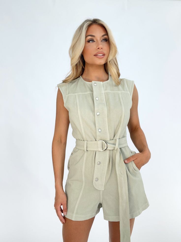 ILR3608 sleeveless button down belted romper lalavon Chic Summer Cotton Denim Jumpsuit, Sleeveless Summer Denim Jumpsuit For Day Out, Trendy Beige Summer Jumpsuits And Rompers, Chic Cotton Denim Jumpsuit For Summer, Trendy Short Denim Jumpsuit For Summer, Trendy Beige Summer Jumpsuit/romper, Trendy Beige Jumpsuits And Rompers For Summer, Trendy Short-length Denim Jumpsuit For Summer, Summer Short Length Jumpsuits And Rompers With Pockets