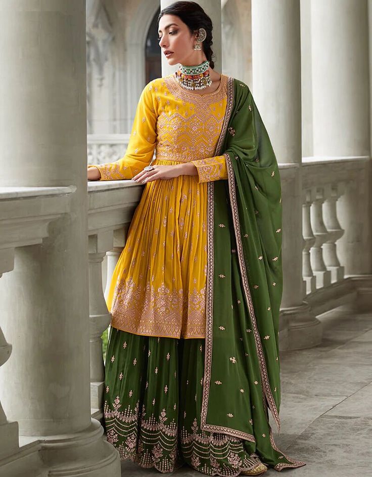 Sparkle the Evening away...✨✨ Yellow Georgette Lehenga Salwar Suit Hurry up: https://bit.ly/3HOUQBM Use Code : BOGO-20 buy 1 and get one at 20% off #arabicattire #trending #salwaarkameez #buynow #onlineshopping #discount #dress #dressforsale #discounted #heavy #beautifuldresses #anarkali #pantstyle #latest Long Choli Lehenga, Suits For Women Indian, Kurta Lehenga, Georgette Skirt, Anarkali Lehenga, Designer Salwar Kameez, Lehenga Suit, Yellow Suit, Pakistani Party Wear