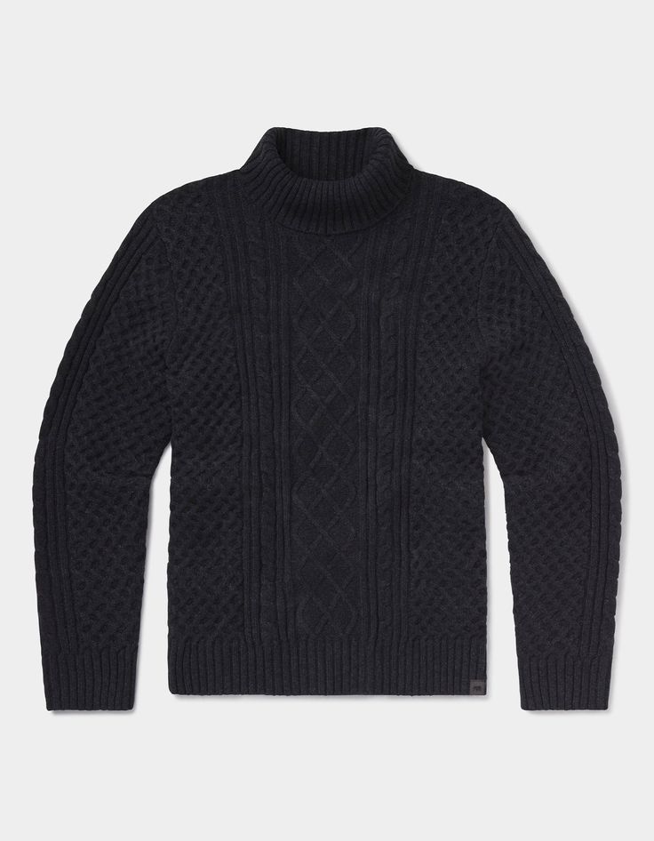 Classic cable comfort. Featuring a novelty cable pattern in a soft and comfortable 5GG yarn. The relaxed fit makes it great for layering or wearing on its own. Classic details include a fold-over rib collar, rib sleeve cuffs, and a rib bottom band to complete the look. Rollneck Sweater, Charcoal Sweater, Cable Pattern, Henley Sweater, Roll Neck Sweater, Fall Shopping, Outerwear Sweater, Bottoms Pants, Sweater Hoodie