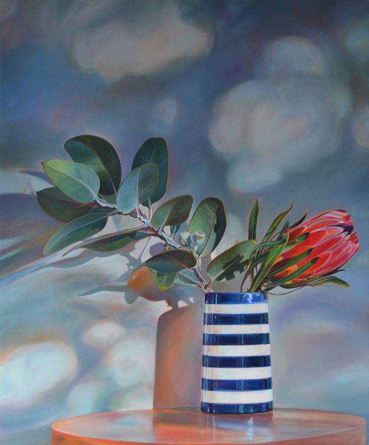 a painting of a flower in a vase on top of a table with blue and white stripes