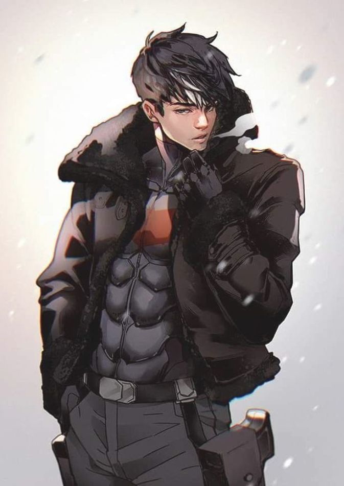 an anime character is standing in the snow with his hands on his hips and looking at something