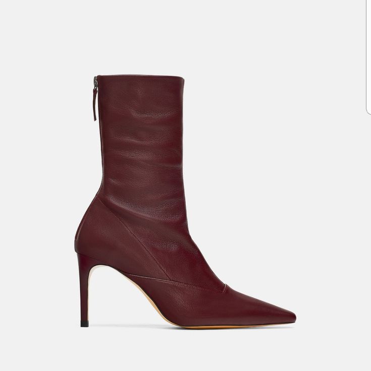 New With Tag Burgundy Leather Ankle Boots, Elastic Shaft Detail, Point Toe. Heel Height :3.3 Inch ( 8.5 Cm) Chic Mid-calf Boots With Padded Ankle, Burgundy Pointed Toe Heeled Boots For Fall, Fall Burgundy Pointed Toe Heeled Boots, Chic Burgundy Boots With Reinforced Heel, Zara Pointed Toe Heels For Fall, Chic Burgundy Heeled Boots With Round Toe, Chic Burgundy Ankle Heeled Boots, Chic Burgundy Ankle Boots, Zara Heeled Boots With Almond Toe For Fall