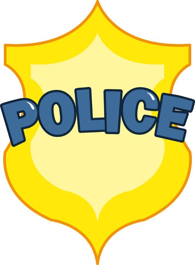 the word police in blue letters on a yellow shield