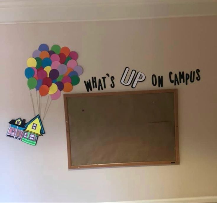 a room with a mirror and balloons on the wall above it that says what's up on campus