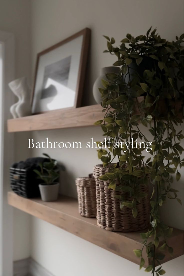 bathroom shelf styling with plants and baskets