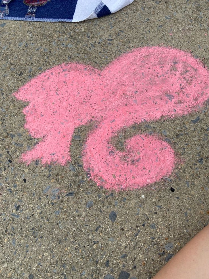 pink chalk drawing on the ground next to a person's leg and shirt,