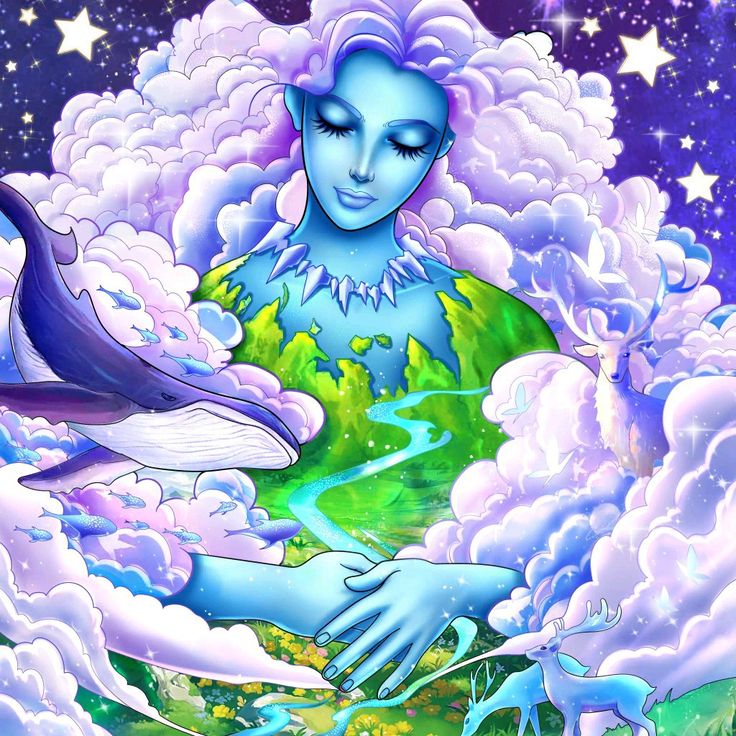 a painting of a woman surrounded by clouds and dolphins in the sky with stars above her