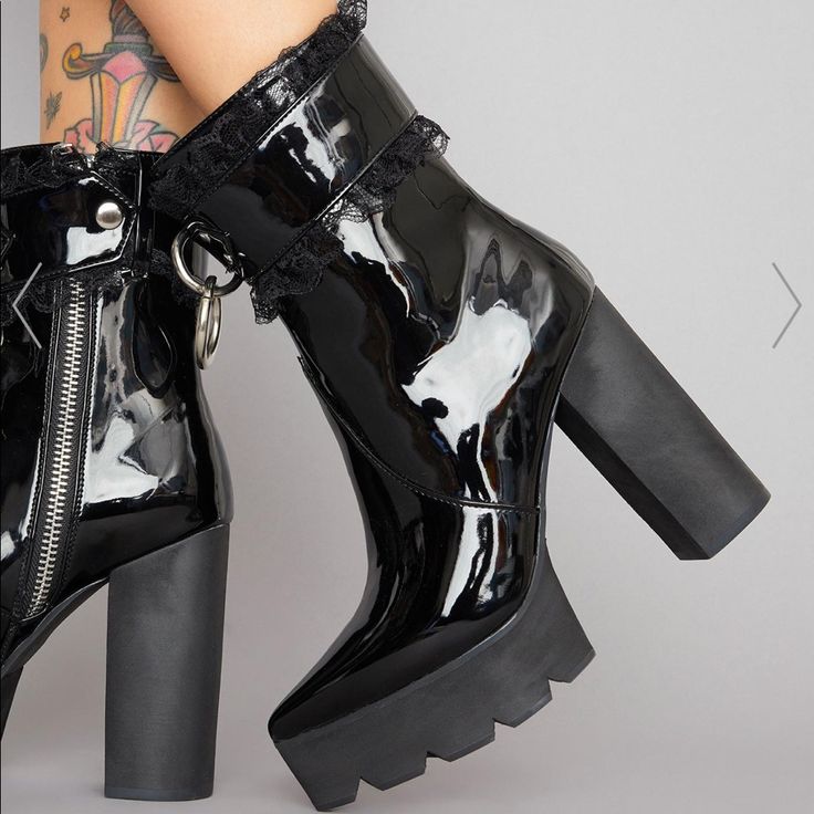 Patent Vegan Leather Boots That Have Chunky Heels N’ Soles, Detachable Ankle Straps With Lace Trim And O-Ring Hardware, And Side Zip Closures. Never Worn Occult Clothing, Dolls Kill Shoes, Lace Shrug, Demonia Shoes, Vegan Leather Boots, Punk Boots, Patent Boots, Boots Platform, Platform Mary Janes