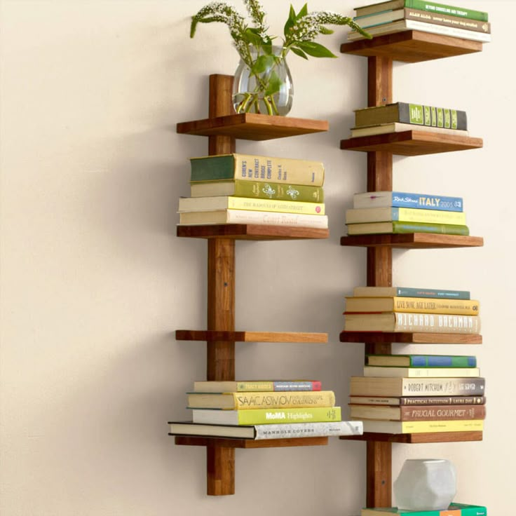 a wooden shelf with books on it and a potted plant in the corner next to it