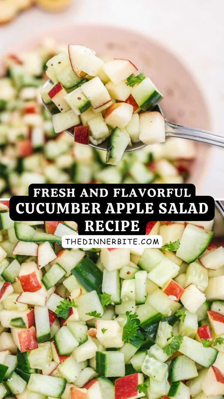 fresh and flavorful cucumber apple salad recipe on a pink plate with a spoon