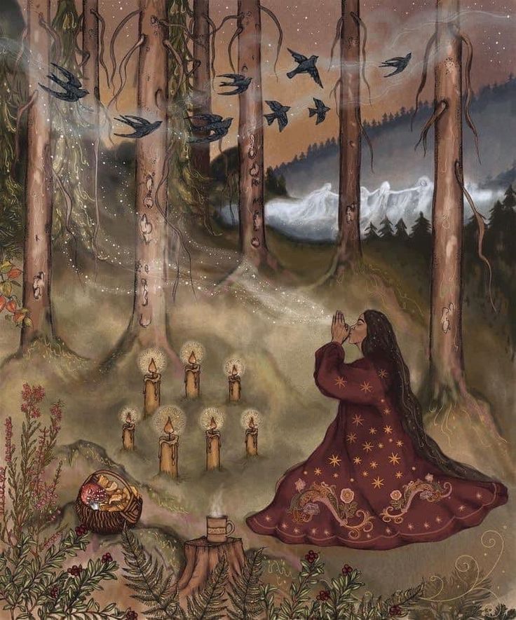 a painting of a woman sitting in the middle of a forest with birds flying overhead