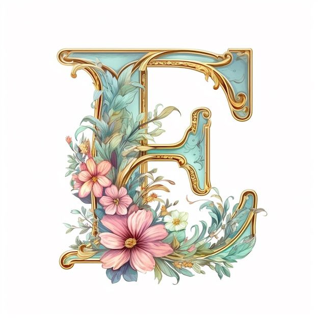 the letter f is made up of flowers and leaves, with gold trimmings