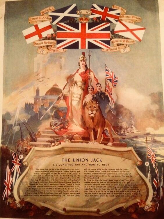 the union jack poster is displayed in front of an image of british flags and lions