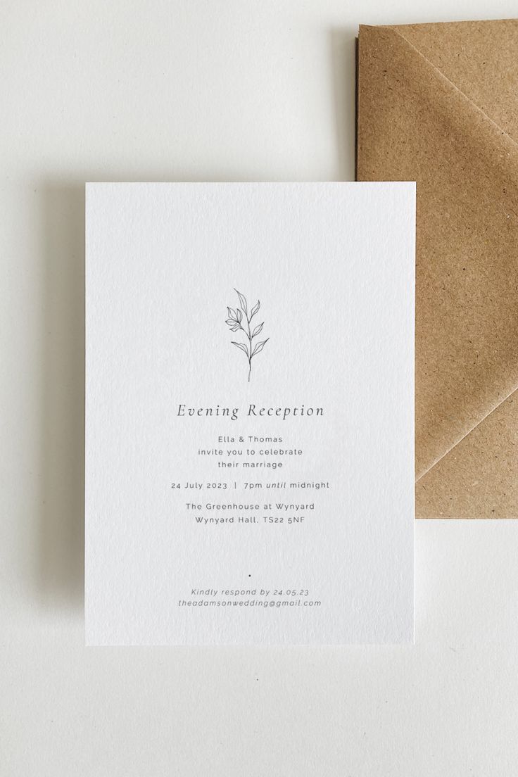 the wedding reception card is displayed next to an envelope with a small flower on it