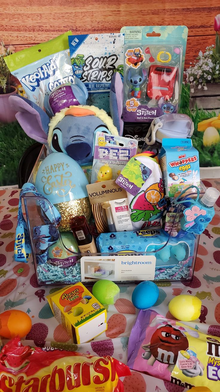 a basket filled with lots of toys and candy