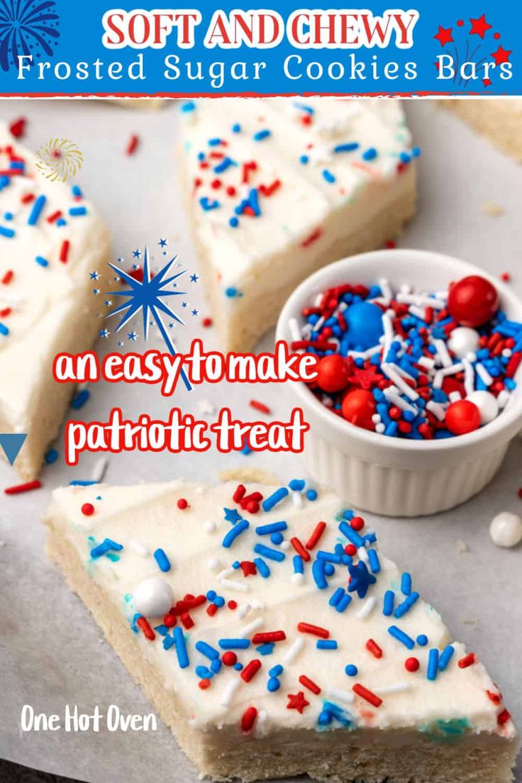 an easy to make patriotic dessert with white frosting and sprinkles