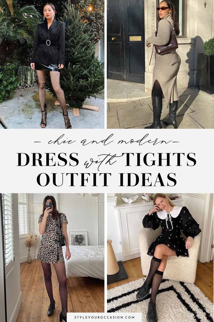 Looking for stylish dress with tights outfit ideas? Or, black dress with stockings outfit ideas that are classy and modern? These dress with stockings outfits give a chic aesthetic and are perfect for fall or winter (and some for summer too!). You can wear them to work, as a wedding guest, for a casual party, or a formal event. Go with high heels, loafers, ballet, flats, or boots (ankle boots, knee high boots). There's petite, mid size, and plus size outfit ideas too! Dress With Tights And Loafers, Short Dress Black Tights, Tights With Sweater Dress, Wedding Guest Dress With Tights, Cocktail Dress With Flats, Dress Outfits With Tights, Black Dress With Stockings Outfit, Dress And Stockings Outfit, Little Black Dress With Tights