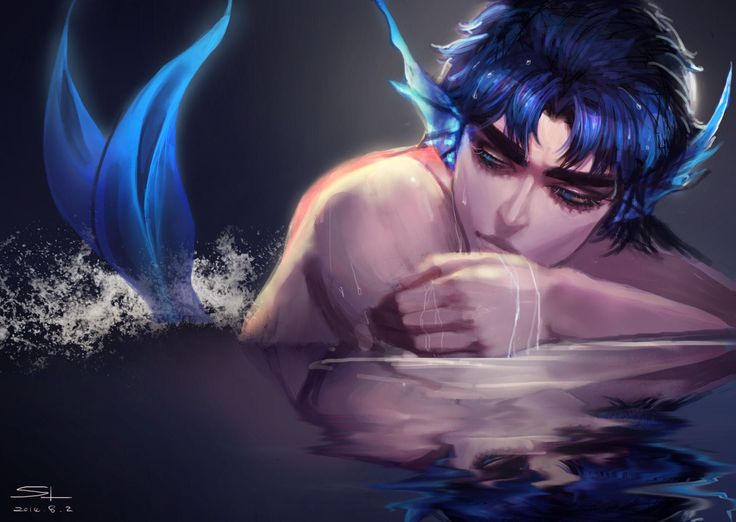 a man with blue hair is in the water and has his hands on his chest