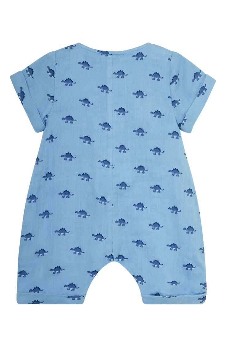 Cutesy dinosaur graphics pattern a short-sleeve romper that's cut from breathable cotton to keep baby comfy. Front button closure 100% cotton Machine wash, tumble dry Imported Cotton Jumpsuits And Rompers With Pockets For Playwear, Cotton Bubble Romper With Short Sleeves For Spring, Spring Cotton Bubble Romper With Short Sleeves, Cotton Short Sleeve Bubble Romper For Spring, Casual Fitted Bubble Romper With Short Sleeves, Casual Fitted Short Sleeve Bubble Romper, Fitted Short Sleeve Casual Bubble Romper, Casual Cotton Bubble Romper With Cartoon Print, Cotton Bubble Romper For Playwear