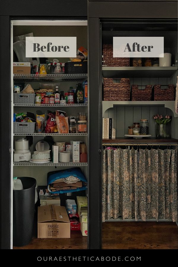 an open pantry filled with lots of food next to a door that has the words before and after written on it