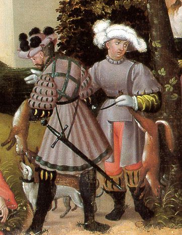 Augsburg Monatsbilder, Spring, Two Hunters (Zwei Jäger)  Hunter on right side, has a side fastening rock that buttons on the shoulder. Medieval Germany, Mens Garb, Century Shoes, Medieval Artwork, German Outfit, Sca Garb, Historical Artwork, Medieval Life, 16th Century Art