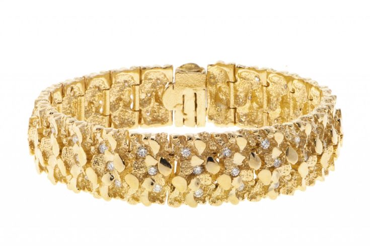 A timeless solid 14k gold nugget bracelet with embedded diamonds measuring 9 inches in length and the width is 17mm or Just under 9/16 inch in width. Made In USA Nugget Bracelet, Gold Nugget, Gold Diamond, Made In Usa, Ring Size, Diamonds, Yellow Gold, Bracelet, Yellow