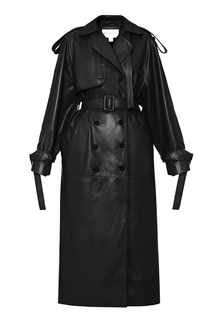 ECO LEATHER UTILITARIAN TRENCH COAT - Materiel Mode Mantel, Black Leather Coat, Long Leather Coat, Maxi Coat, Leather Trench, Leather Trench Coat, Lookbook Outfits, Leather Coat, Long Coat