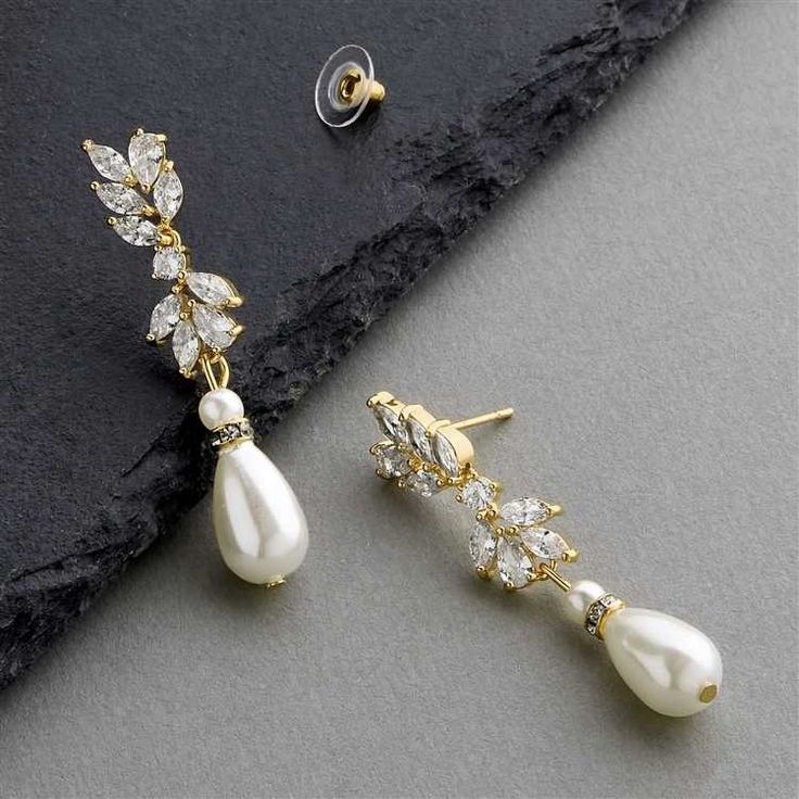 CZ and Teardrop Pearl Bridal Earrings in 14K Gold Pearl Earrings Drop, Bridal Dangle Earrings, Drop Earrings Bridal, Wedding Jewelery, Crystal Bridal Earrings, Bridal Earrings Drop, Bridal Earrings Pearl, Gold Jewelry Earrings, Pearl Bridal