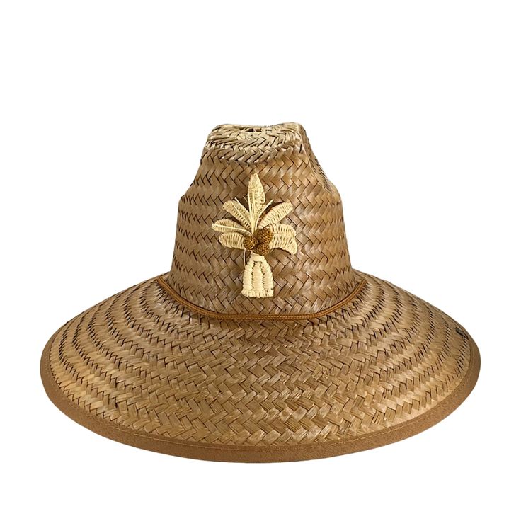 Our classic straw lifeguard hat embellished with a beautful palm tree. One Size Fits All Chin Cord with Adjustable Cord Lock Comfort Elastic Sweatband * Due to its handmade nature, minor variations or imperfections should not be considered flaws but rather lend character making each hat unique. *PLEASE ALLOW 2 WEEKS FROM PURCHASE DATE FOR THIS ITEM TO SHIP. Tropical Straw Hat For Beach Season, Tropical Straw Hat For Beach, Adjustable Tropical Fedora Straw Hat, Traditional Panama Hat For Summer Beach, Traditional Summer Sun Hat For Vacation, Traditional Summer Straw Hat For Vacation, Traditional Straw Hat For Summer Vacation, Traditional Summer Sun Hat For Beach, Adjustable Palm Leaf Straw Hat For Vacation