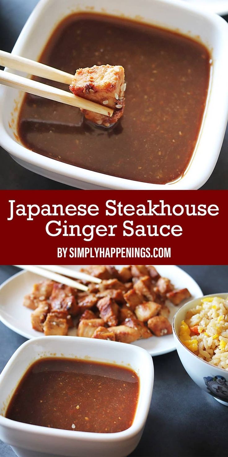 japanese steakhouse ginger sauce with chopsticks and rice in a white serving dish