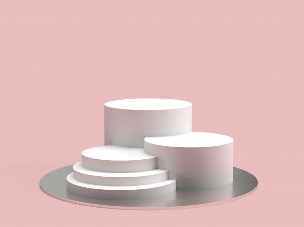 three white pedestals sitting on top of a metal plate against a pink background,