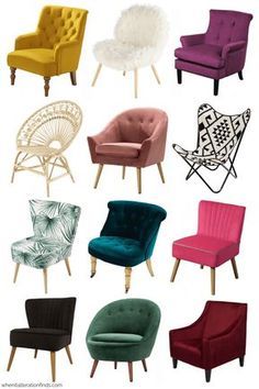 six different colored chairs in various styles and sizes, all with white fur on them