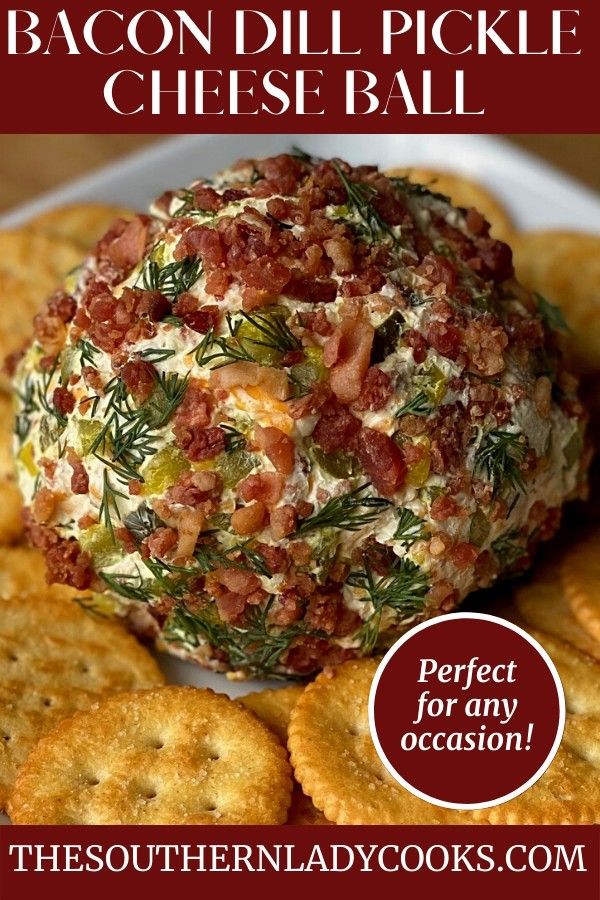 bacon dill pickle cheese ball on a plate with crackers