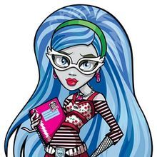 a drawing of a girl with blue hair and glasses holding a pink book in her hand