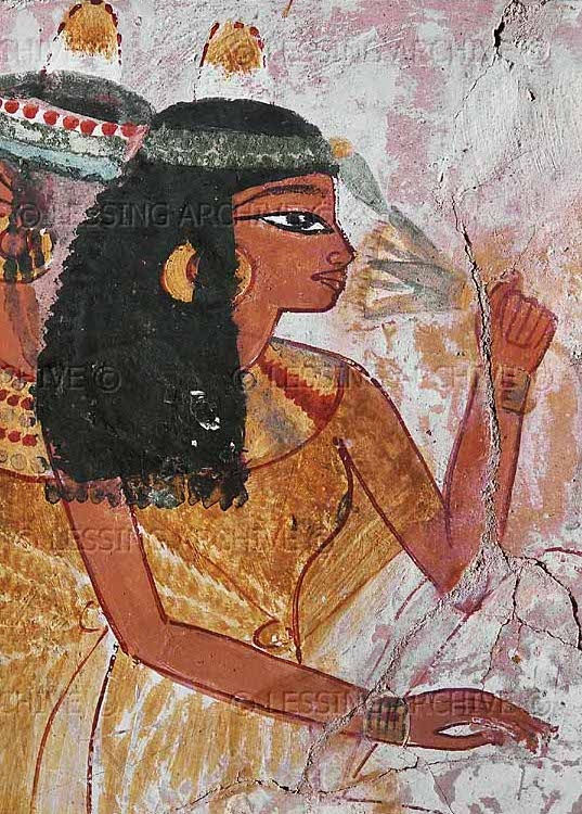 an ancient painting of a woman holding a bird in her hand and wearing a headdress