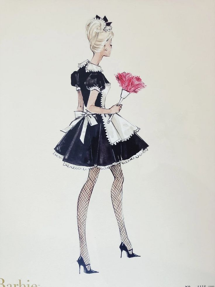 a drawing of a woman in black and white dress holding a pink flower with her right hand