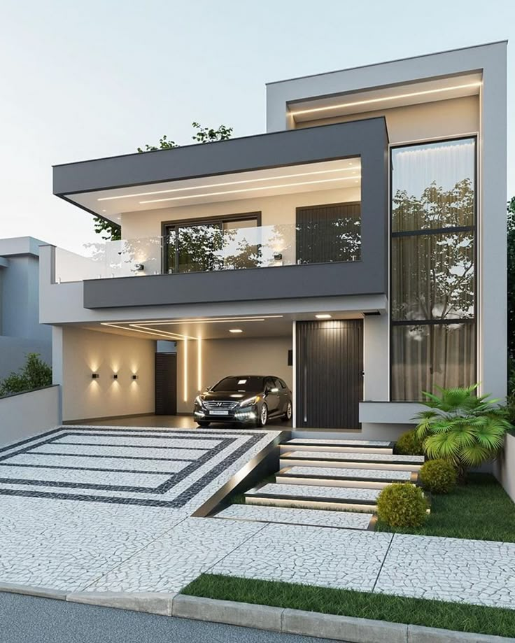 a car is parked in front of a modern house