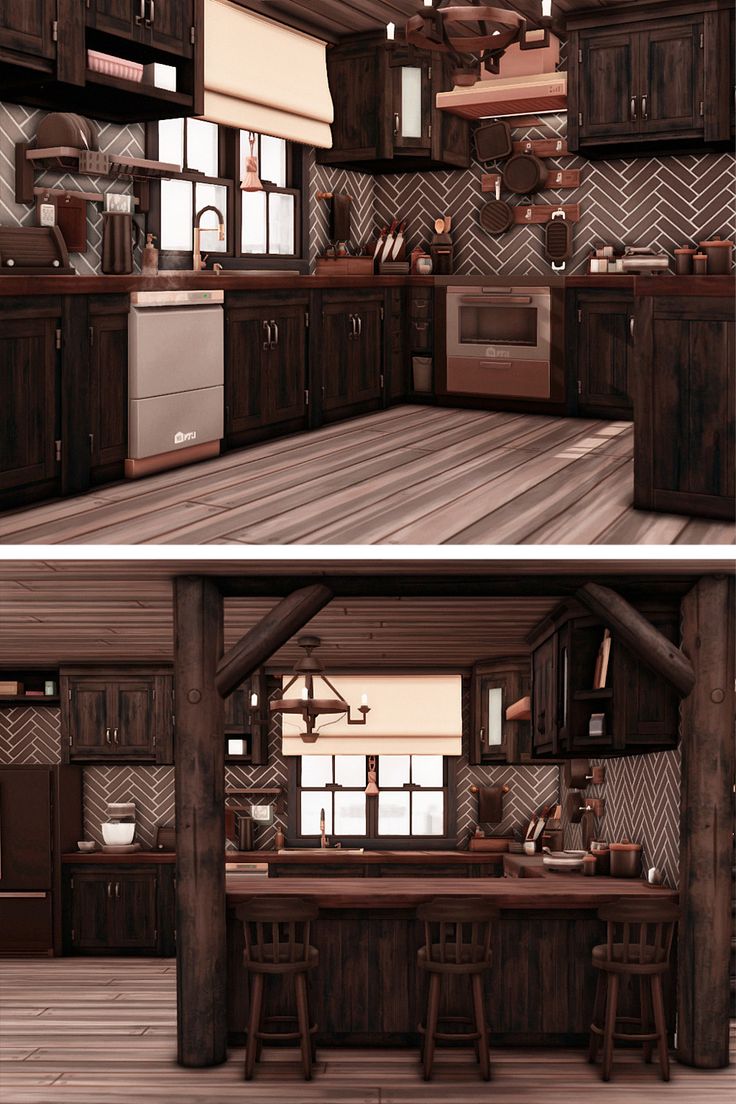 two views of a kitchen with wooden floors and cabinets