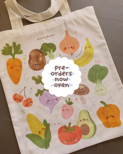 Tote Gardening, Handpainted Tote Bags, Kawaii Fruit, Painted Tote, Glassine Bags, Diy Tote Bag, Cute Fruit, Project Bag, Cute Tote Bags