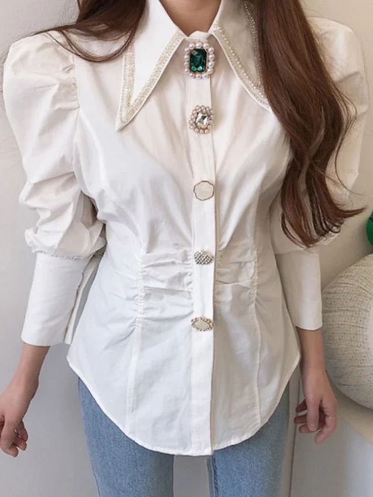 Fashion Women Shirts French Vintage Blouse Spring Button Up Shirt Pointed Collar Long Puff Sleeve Model Kemeja, Rhinestone Shirts, Spring Clothing, Chic Shirts, Vintage Blouse, Style Office, Long Puff Sleeves, Office Lady, Blouse Vintage