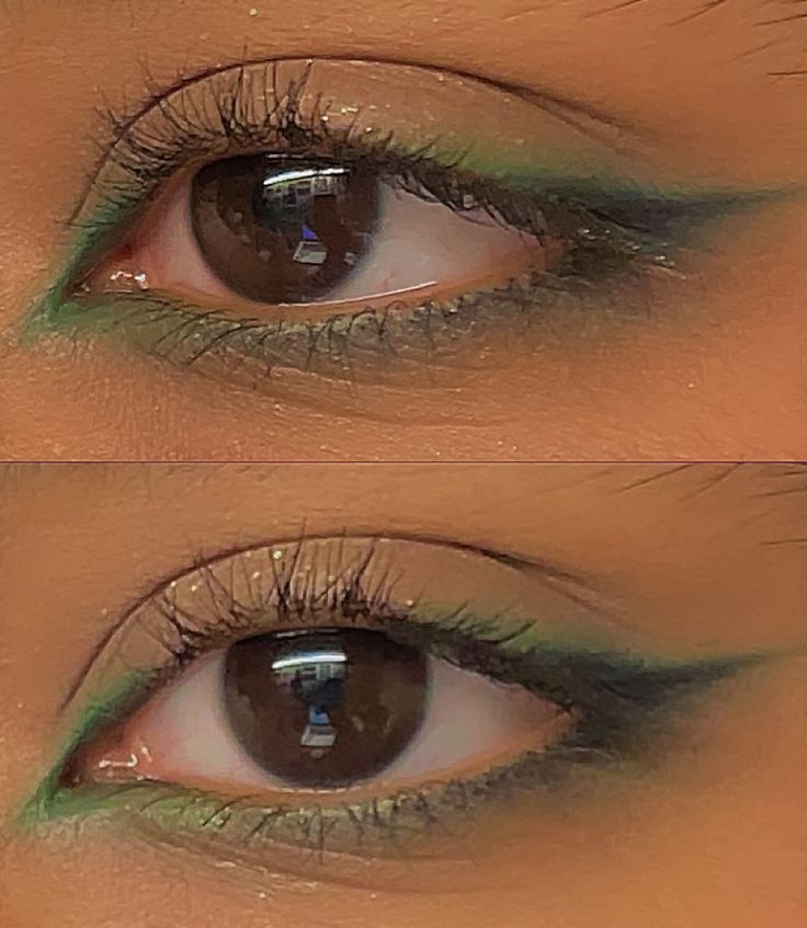 Green Underline Makeup, Makeup Ideas Natural Green Eyes, Fun Makeup Ideas Green, Green Ball Makeup, Green Waterline Makeup Brown Eyes, Formal Makeup Looks Green Eyes, Green Leaf Makeup, Green Eyeliner Makeup Brown Eyes, Fairy Core Makeup Aesthetic