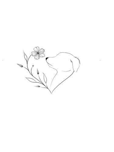 a black and white drawing of a dog smelling a flower in the shape of a heart