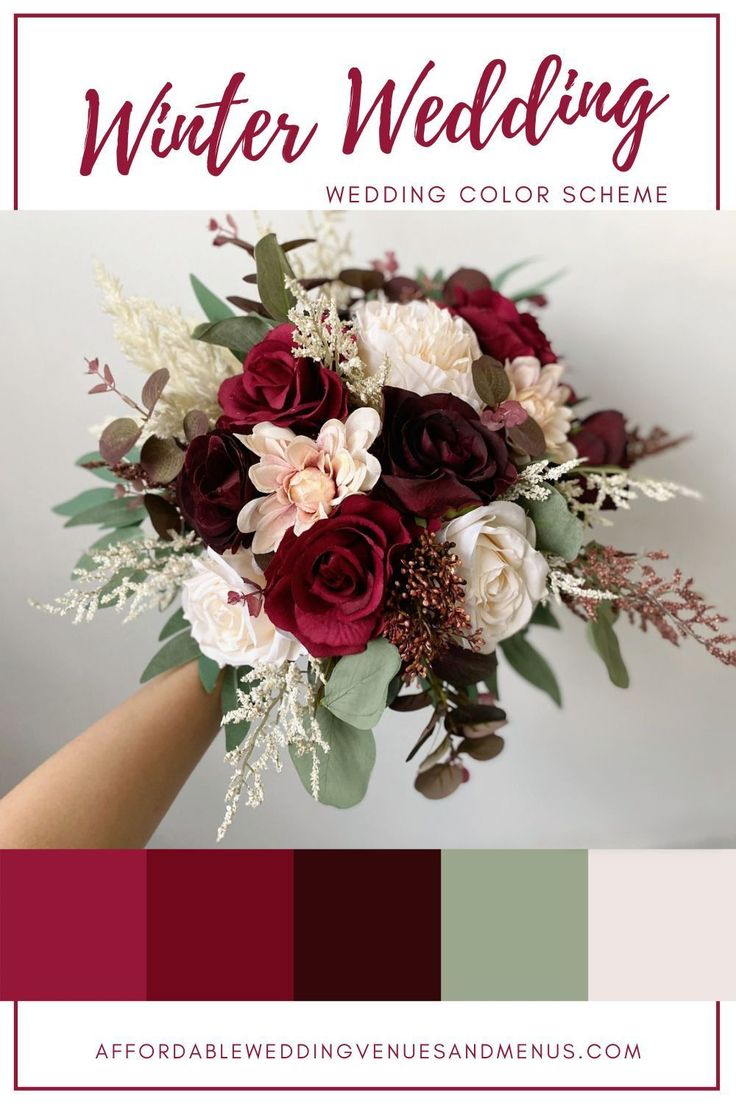 a wedding bouquet with red and white flowers on it is featured in the winter wedding color scheme