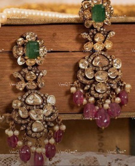 VQ-133 Victorian Polki Earrings, Victorian Earrings Indian, Kundan Sets Indian Jewelry, Victorian Jewelry Indian, Victorian Jewellery Designs, Kundan Gold Jewellery, Gold Kundan Earrings, Victorian Jewelry Necklace, Polki Studs