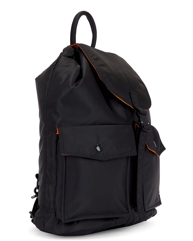 a black backpack with an orange zipper on the front and side pocket, sitting against a white background