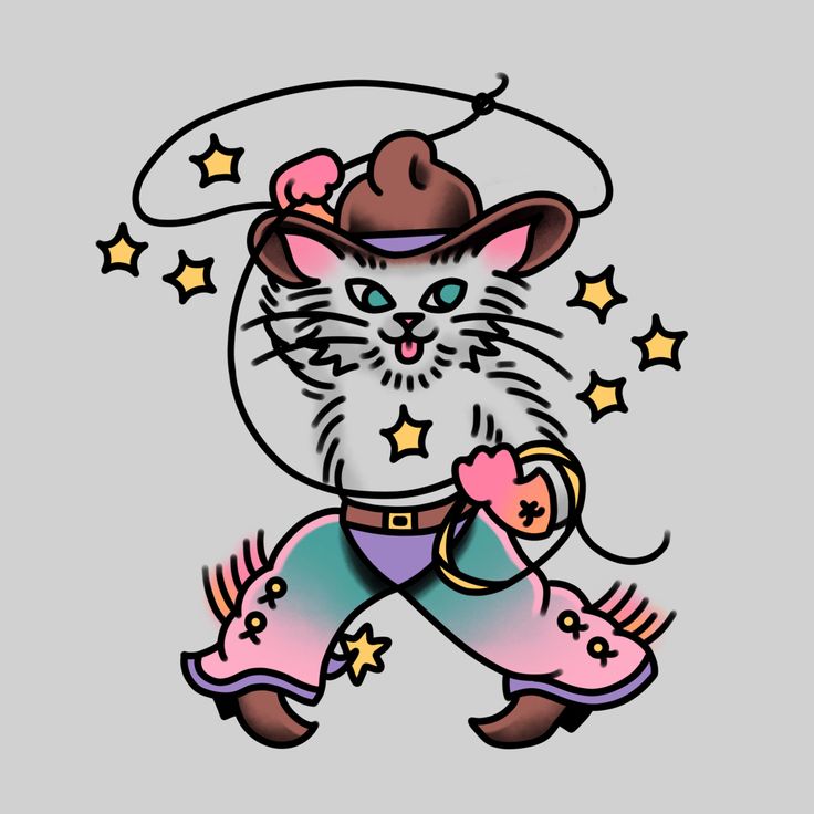 a drawing of a cat wearing a cowboy hat and boots with stars around its neck