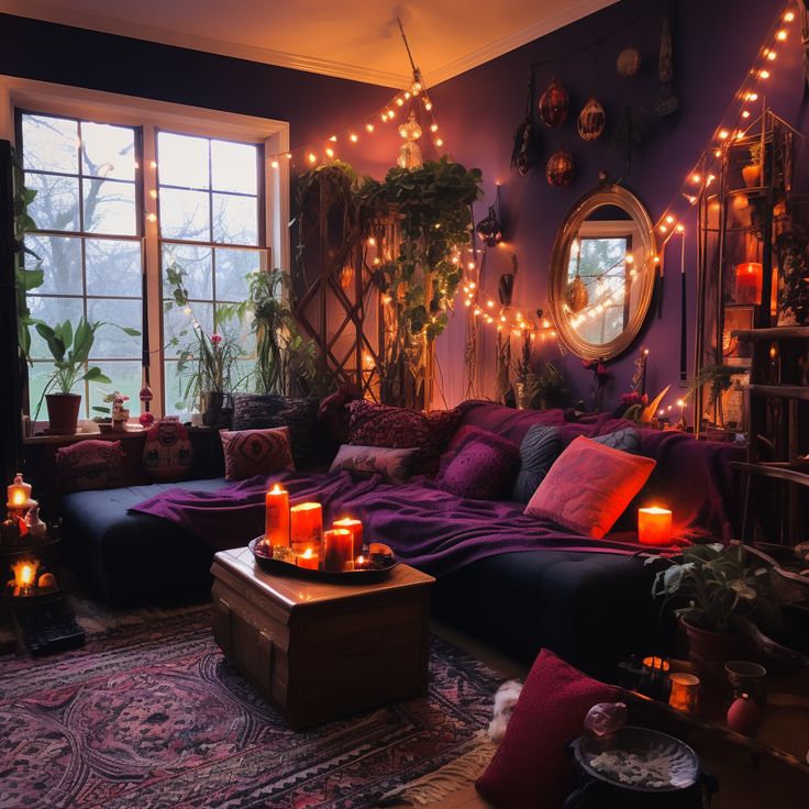 a living room filled with lots of purple furniture and candles on top of the couch