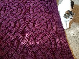 a cat is sitting on the floor next to a knitted blanket that looks like an intricate design